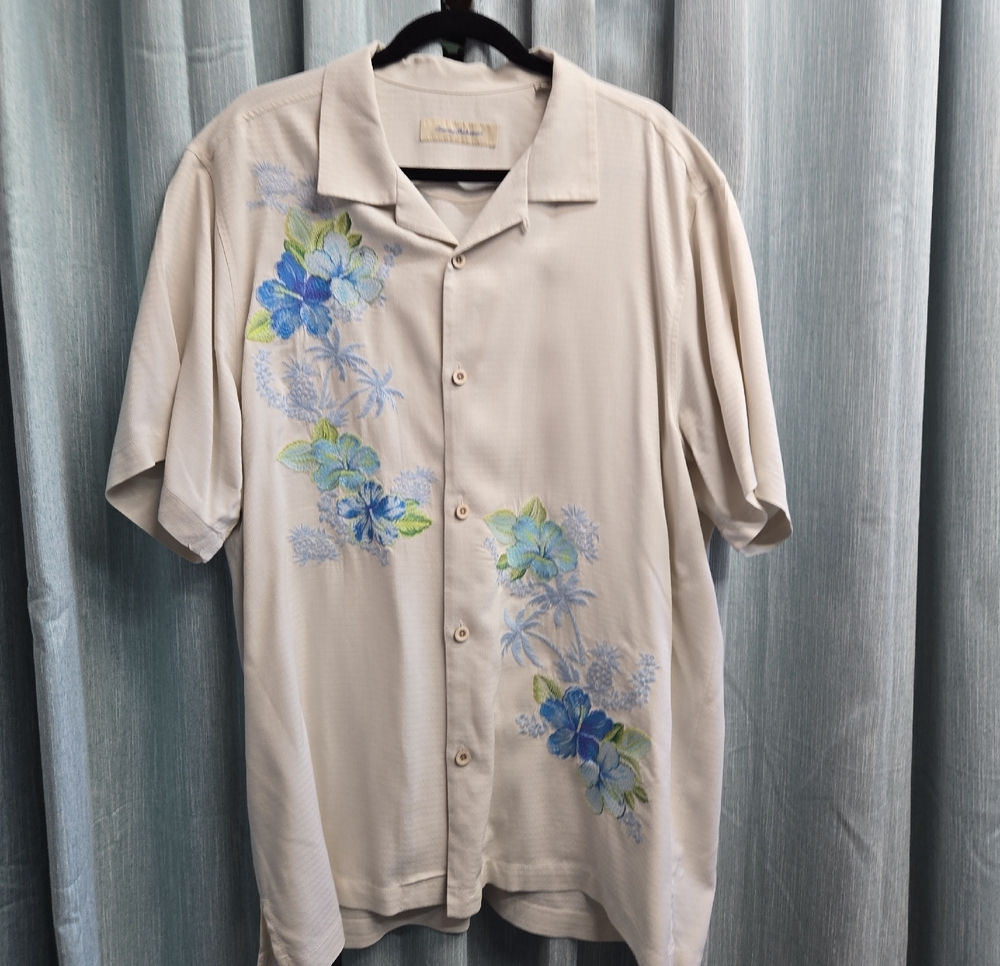 Tommy Bahama Beige Hawaiian Shirt with Blue & Green Floral Print